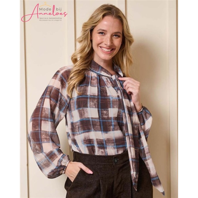 FOS Blouse ruit strik 7914 Bodhi Bruin blauw ecru